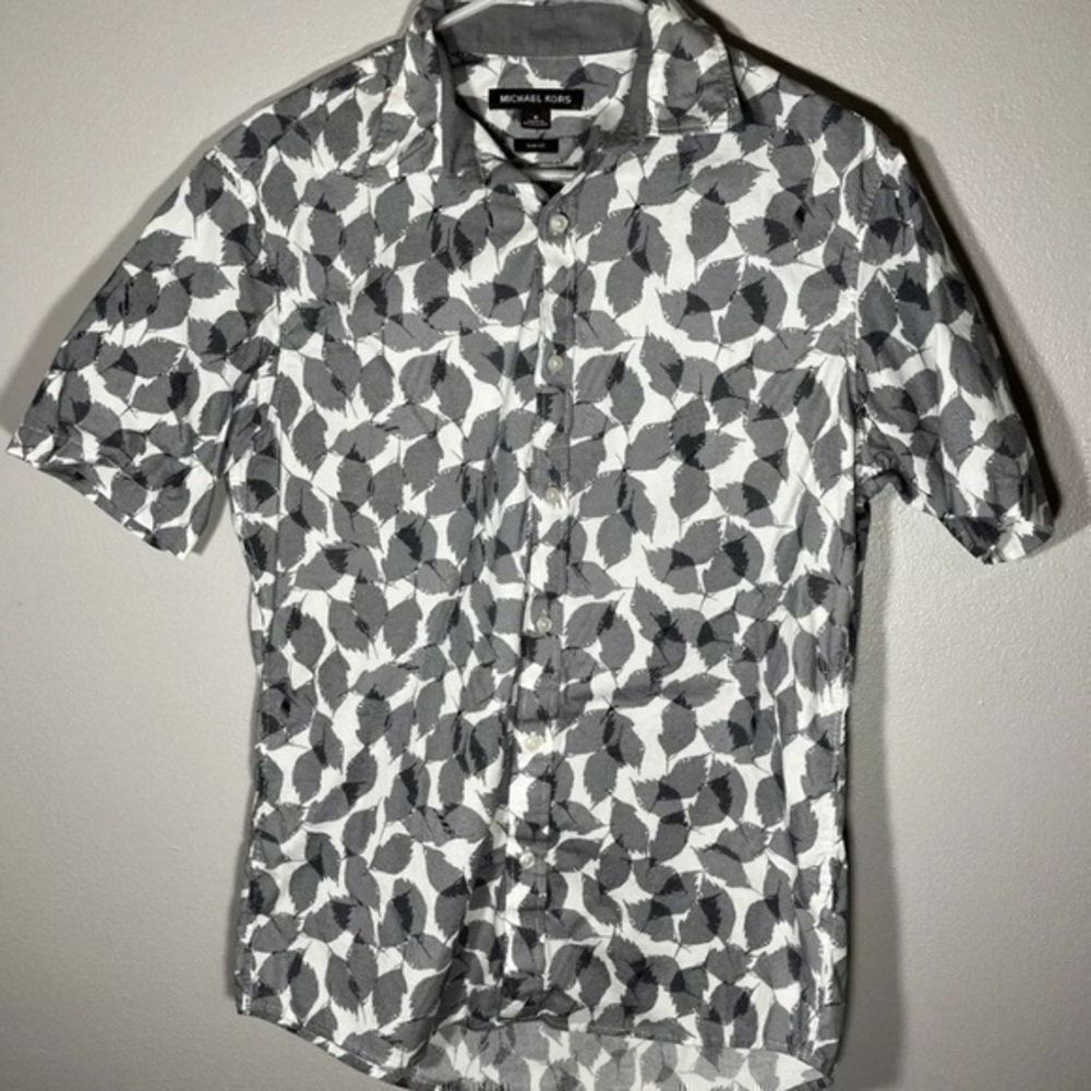 Michael Kors Button Down Short Sleeve Shirt Blue Leaf Prints Medium Men's